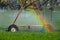 Sprinklers Irrigating Crop Field Farming Grains Lush Green with