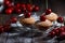 Sprinkling cherry cakes with sugar powder. Kitchen, pastry, baki