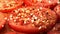 Sprinkling Fresh Tomato Slices with Spicy Hot Seasoning a Macro Shot in Slow Motion