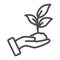 Sprout in hand line icon, care nature concept, hand and seedling in soil sign on white background, sprout in soil