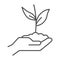 Sprout in hand thin line icon, care nature concept, Hand holding seedling in soil symbol on white background, Plant in