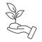 Sprout in hand thin line icon, care nature concept, hand and seedling in soil sign on white background, sprout in soil