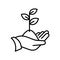 Sprout in a hand thin line icon. Human hand holding seedling plant with leaves.