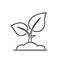 Sprout plant in soil with two leaves. Lineart vector icon.