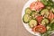 Sprouted beans. Light background. Tomato and cucumber