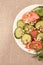 Sprouted beans. Light background. Tomato and cucumber.Fresh salad