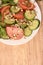 Sprouted beans. Light background. Tomato and cucumber.Fresh salad