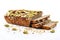 sprouted grain bread baked with various seeds on white backdrop