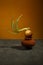 Sprouted onion on a brown vase on a colored background