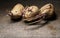 Sprouting potatoes, Solanum tuberosum, on wooden background