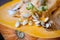 Sprouting pumpkin seeds and fibrous strands within cut pumpkin. Close-up