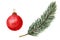 spruce branch and red Christmas tree toy. Hand drawn watercolor illustrations. Isolated cliparts for Christmas design