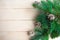 Spruce branches with pinecones on wooden background.