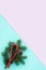 Spruce branches, red candies on a pink and blue background. Flat lay, top view, copy space, diagonal. christmas concept