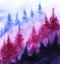 Spruce forest in the fog. lilac, blue, blue silhouettes of spruce. Background illustration. Hand drawn watercolor illustration