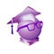 Square academic cap dressed on sphere purple humanized magical crystal in glasses. Solid scientific figure, simple minimalistic ro