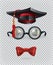 Square academic cap, mortarboard, glasses and bow tie. Vector icon set