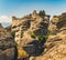 Square afar shot of one of the famous christian orthodox monasteries in Meteora, Greece. Midday. Beautiful sunshine.