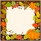 Square autumn banner with a blank sheet of paper in the center and a frame of autumn leaves and pumpkin
