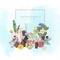 Square backdrop with perfume in glass bottles of various shapes and sizes, elegant flowering plants, frame and place for