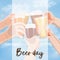 Square banner with hands holding beer mugs, pilsner glasses and weizen. on blue sky and sea background. International