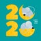 Square banner for Happy New Year, symbol of 2020. Mice on pieces of cheese. Template for greeting card, poster, flyer. Vector