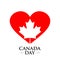 Square banner, postcard Canada Day. Red heart and white maple leaf, a symbol of Canada