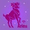 A square banner.Zodiac sign Aries, purple red on purple background and stars,