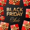 Square black friday sale vector banner or social media post template. Golden shiny lettering on black background. Several gifts co