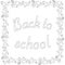 Square black and white banner from the inscription Back to school, surrounded by pencils, pens, compasses, alarm clocks, notebooks