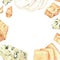 Square blank with different types of cheese. Watercolor illustration. Blue cheese, parmesan, cheddar, mozzarella. Place