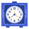 Square blue alarm clock at nine o clock. Simplistic clock showing time with yellow second hand vector illustration