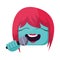 Square blue female emoji face with pink hair singing into mic vector illustration