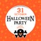 Square card or poster with Halloween party invitation. black skull with a spider on the forehead and cross bones on an orange back