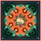 Square carpet, cushion, bandana or doily with yellow roses on fantastic orange floral background. Green paisley ornament