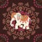 Square carpet or seamless print for fabric with cute elephant, flowers and mandala on dark brown background in indian style.