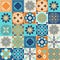 Square ceramic tile design vector illustration, trendy azure blue orange color in spanish portuguese style