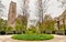 Square of Chicago University campus with view of Rockefeller Memorial Chapel, USA