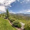 Square crop Panorama of the backyard of home with landscaped grassy lawn and lush plants