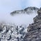 Square crop Scenic Provo Canyon scenery with Bridal Veil Falls under sky with thick clouds