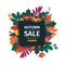 Square design banner with autumn sale logo. Discount card for fall season with white frame and herb. Promotion offer