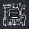 Square design with chalk glass, champagne, mug of beer, alcohol shot, bottles of beer, bottle of wine, glass of