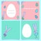 Square Easter cards of pink and blue with bunnies and colored eggs. Banners with rabbits and space for text. White egg frame.