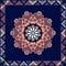 Square ethnic rug with flower mandala with purple petals and decorative frame.