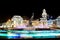 Square of Europe, Animated fountain and Kiyevskaya railway station lit at night, Moscow, Russia