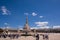 Square with faithful in front of the Sanctuary of Fatima in Portugal on a sunny day