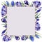 Square floral frame with bouquets of spring crocus flowers. Festive composition with flowering plants.