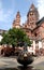 Square with fountain and views of the cathedral of Mainz in Germany