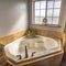 Square frame Built in bathtub at the corner of a sunlit bathroom with frosted glass window