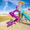 Square frame Colorful blue and purple slides in kids playground